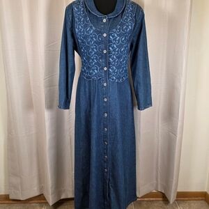 Vintage 90s Denim Maxi Prairie Dress Embroidered Button Front USA 10